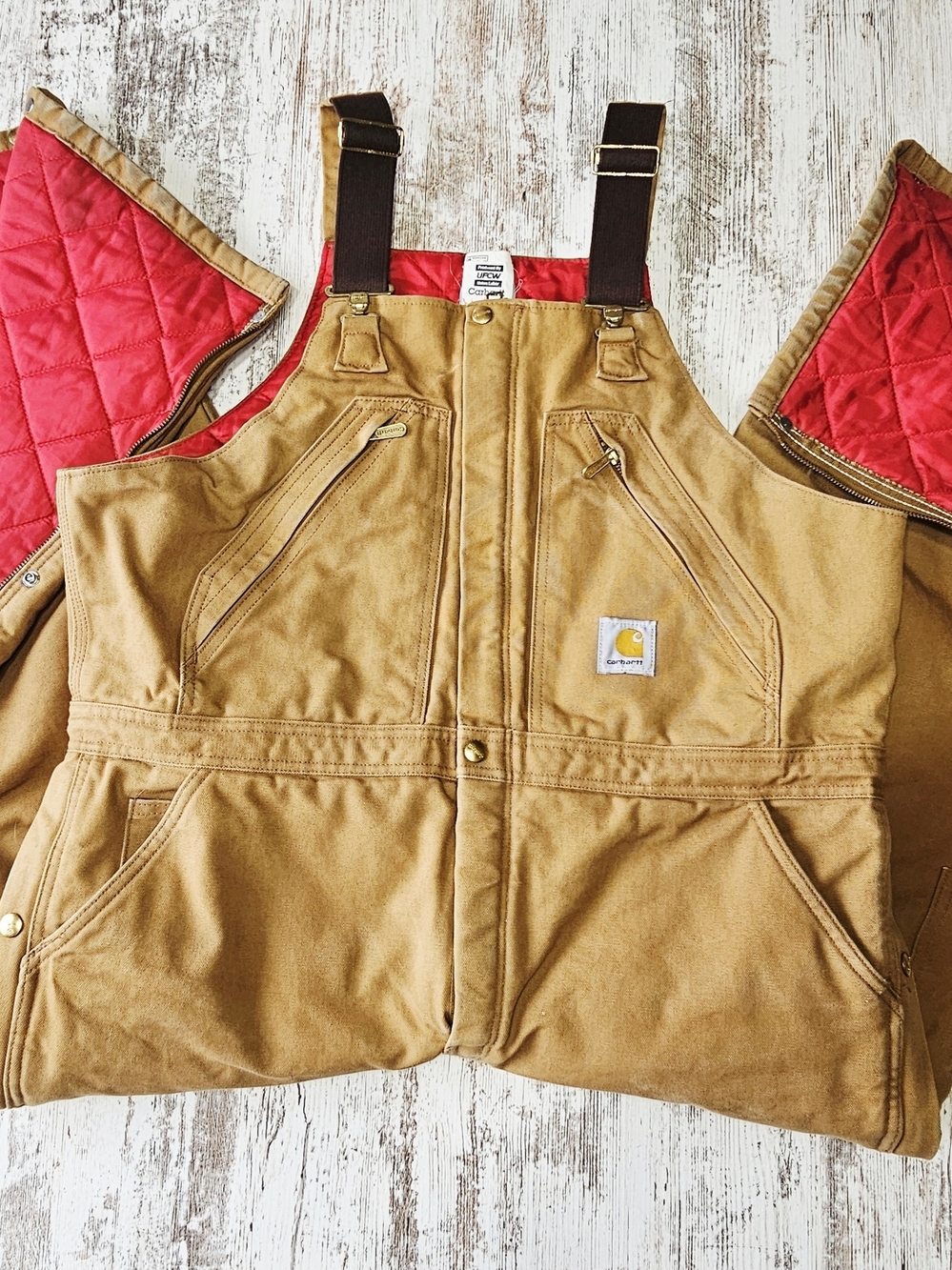Vintage Carhartt Mens Brown Duck Insulated Zip Bib Overalls Red Quilt Lined